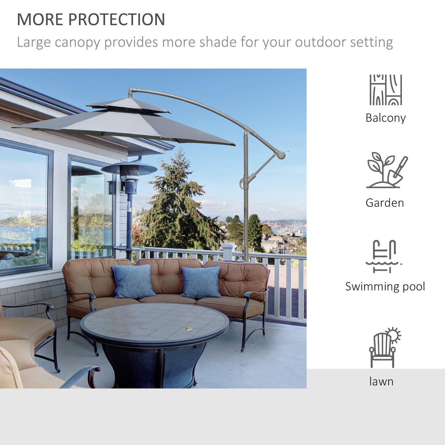 Outsunny 2.7m Garden Banana Parasol Cantilever Umbrella with Crank Handle, Double Tier Canopy and Cross Base for Outdoor, Hanging Sun Shade, Dark Grey w/ Canopy, Crank,