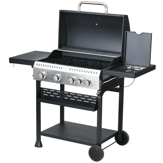 Outsunny Galvanised Steel 4+1 Gas Burner BBQ Grill Trolley, Black