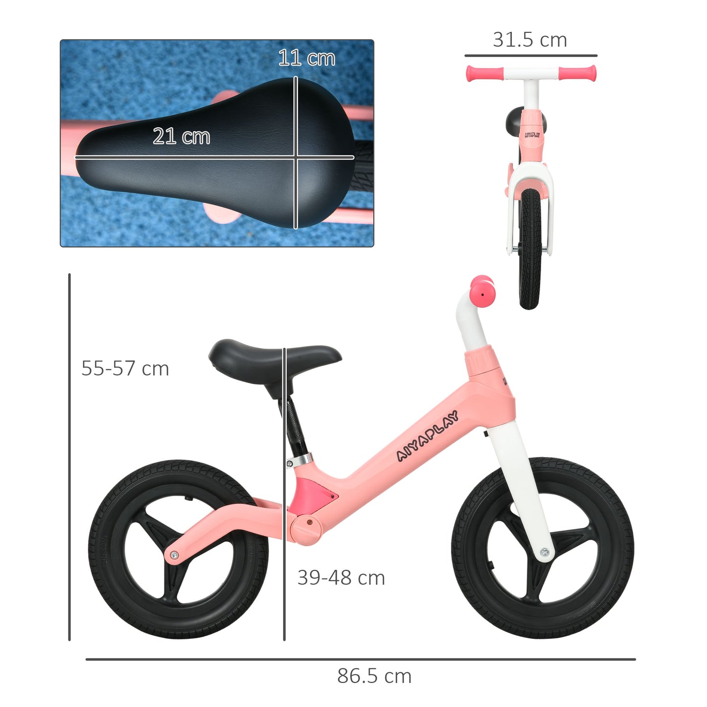 AIYAPLAY Balance Bike with Adjustable Seat and Handlebar, PU Wheels, No Pedal, for Ages 30-60 Months -Pink