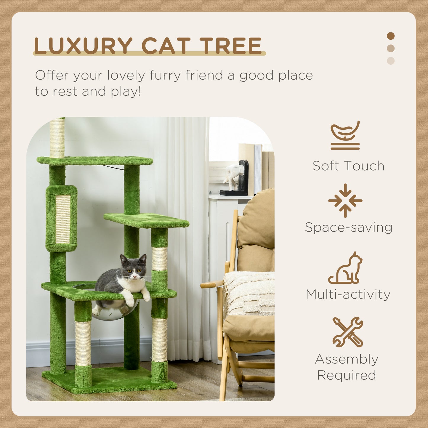 PawHut 142cm Cat Tree Tower with Scratching Post Hammock Toy Ball Platforms Green