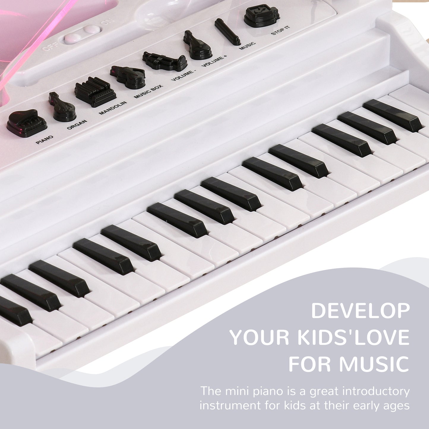 AIYAPLAY 32Key Kids Piano Keyboard with Stool Lights Microphone Sounds Removable Legs White