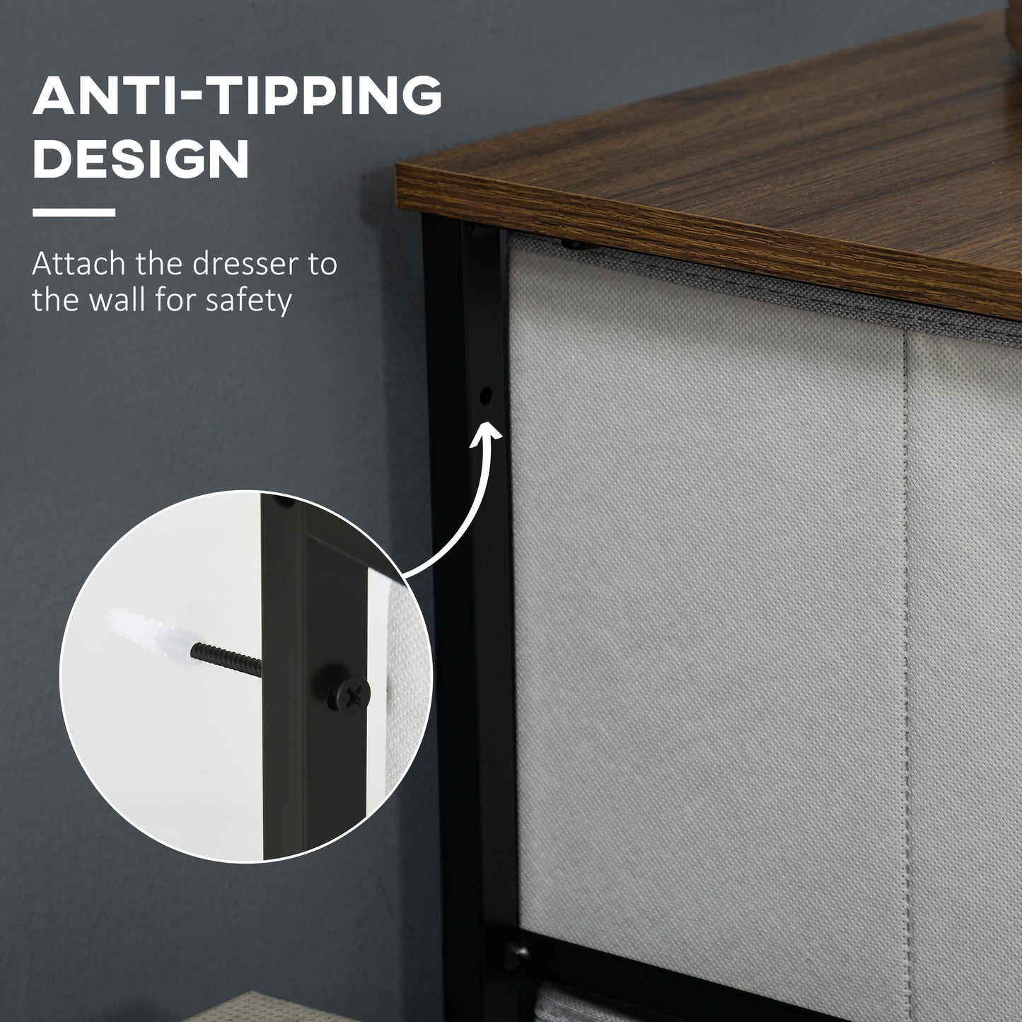 HOMCOM Chest of Drawers, Fabric Storage Drawers, Industrial Bedroom Dresser with 5 Fabric Drawers, Steel Frame and Wooden Top for Nursery, Living Room, Closet, Hallway, Grey