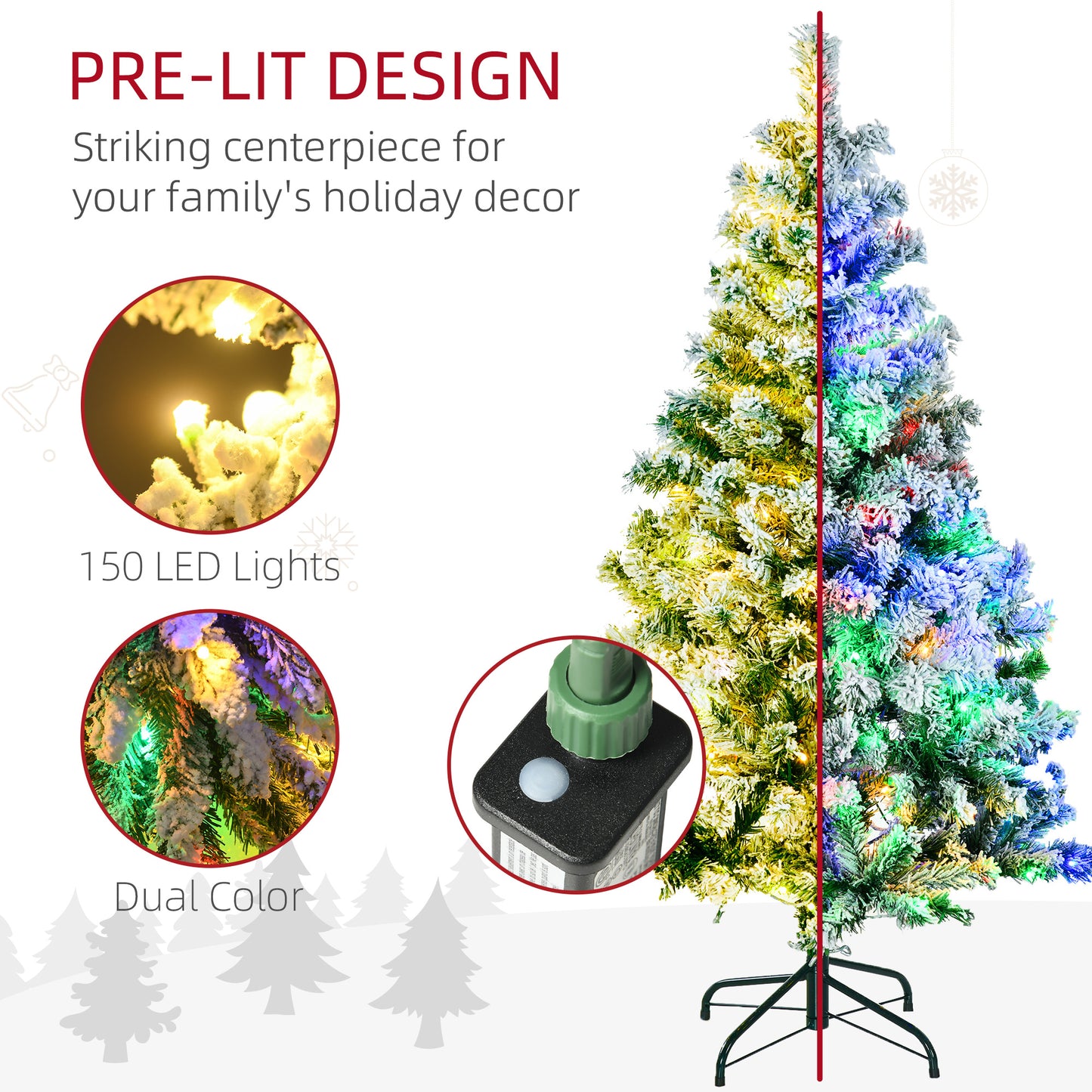 HOMCOM 4.5' Artificial Snow Christmas Trees with Frosted Branches, Warm White or Colourful LED Lights, Steel Base