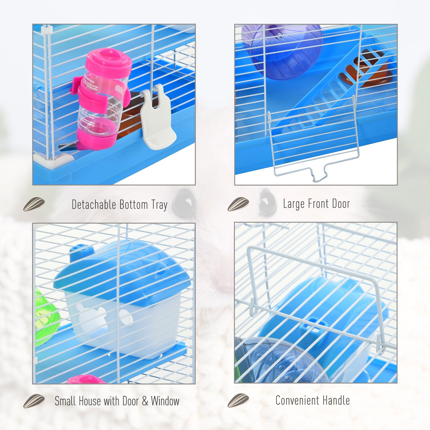 Pawhut 2 Tier Hamster Cage Carrier Habitat Small Animal House with Exercise Wheels Tunnel Tube Water Bottle Dishes House Ladder for Dwarf Mice, Blue w/