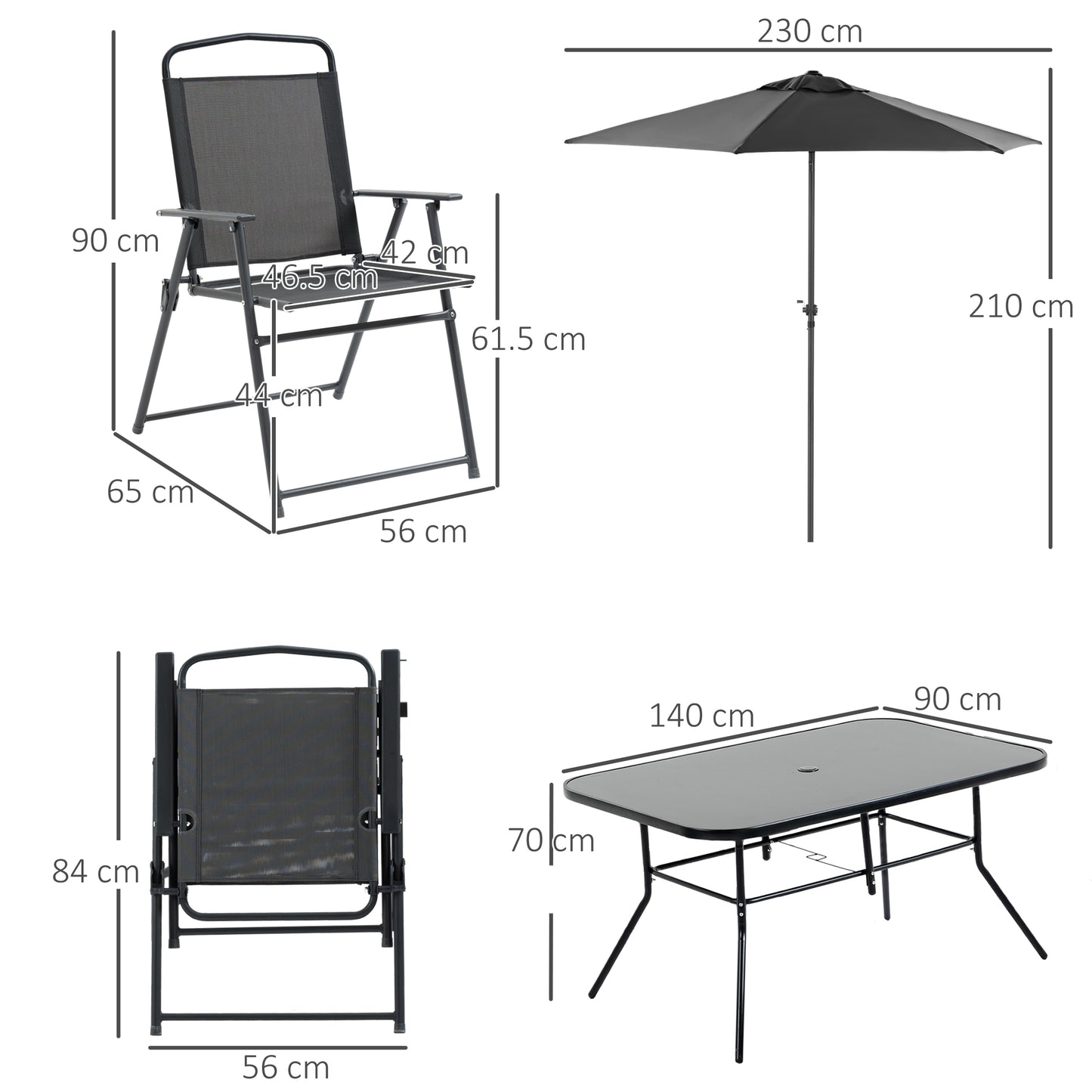 Outsunny 8 Pieces Metal Garden Furniture Set with Parasol and Folding Chairs, Patio Dining Set, 6 Seater Outdoor Table and Chairs with Tempered Glass Top, Black