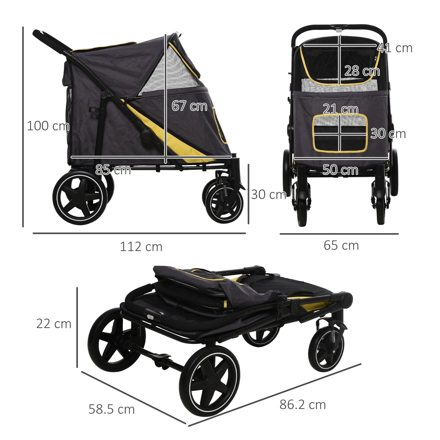 PawHut Pet Stroller with Universal Front Wheels, Shock Absorber, One Click Foldable Dog Cat Carriage with Brakes, Storage Bags, Mesh Window, Safety Leash for Large & Medium-sized Dogs, Dark Grey