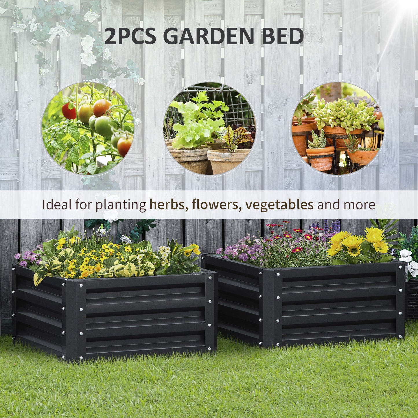 Outsunny Set of 2 Raised Garden Bed Outdoor Elevated Galvanised Planter Box for Flowers Herbs 60x60x30.5cm Grey