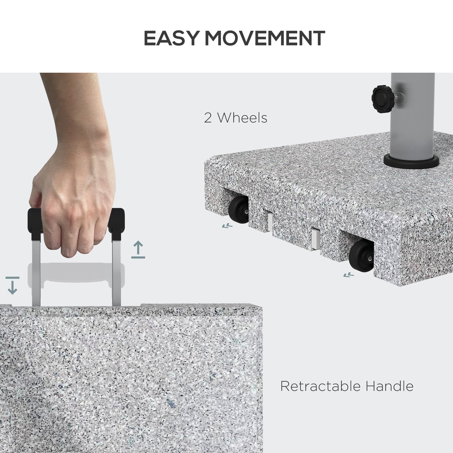 Outsunny Granite Parasol Base, 28kg Heavy Duty Square Umbrella Stand with Wheels, Retractable Handle, Stainless Steel Tube, Grey