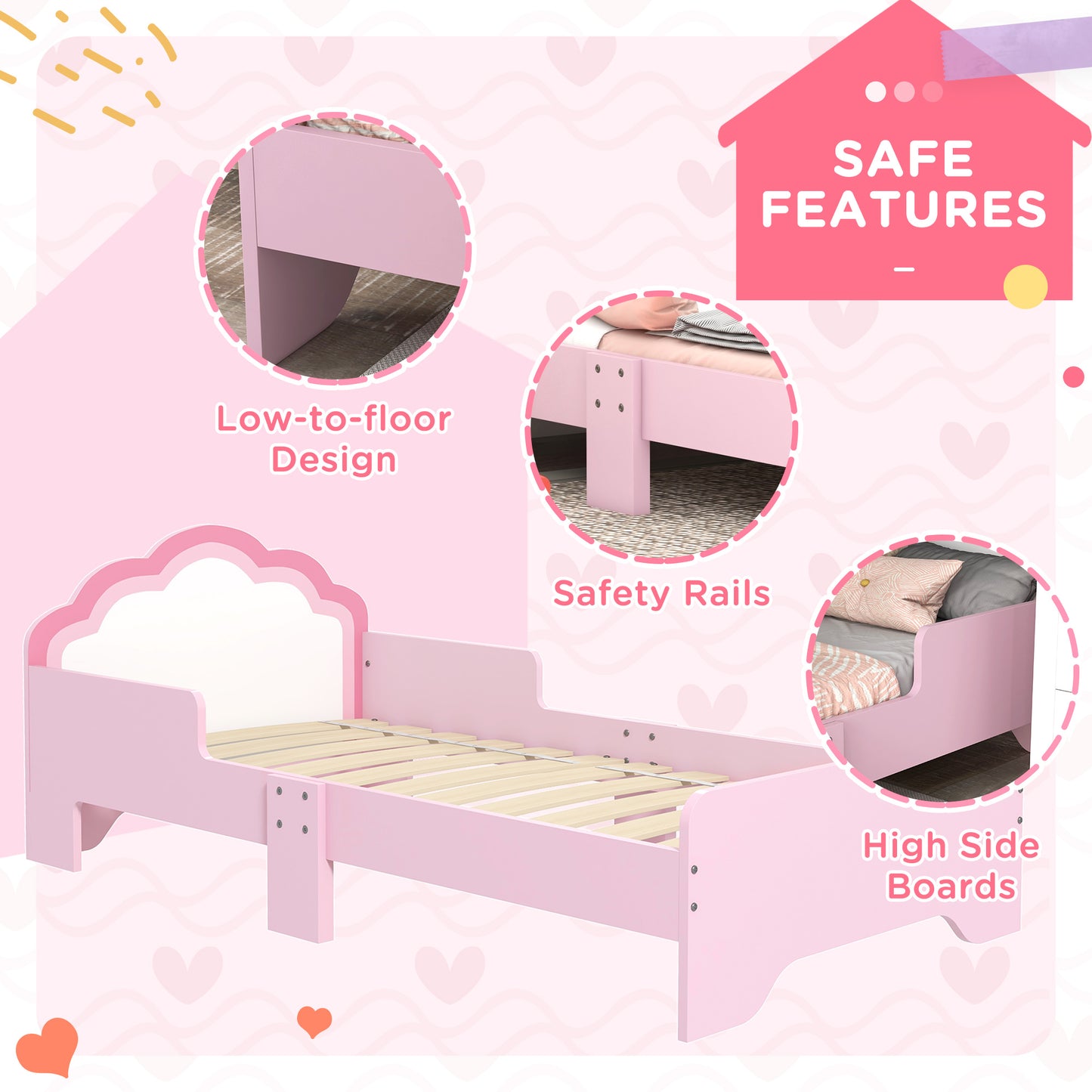 ZONEKIZ Toddler Bed Frame Princess Bed for Kids Cloud Design 143 x 74 x 55 cm Pink