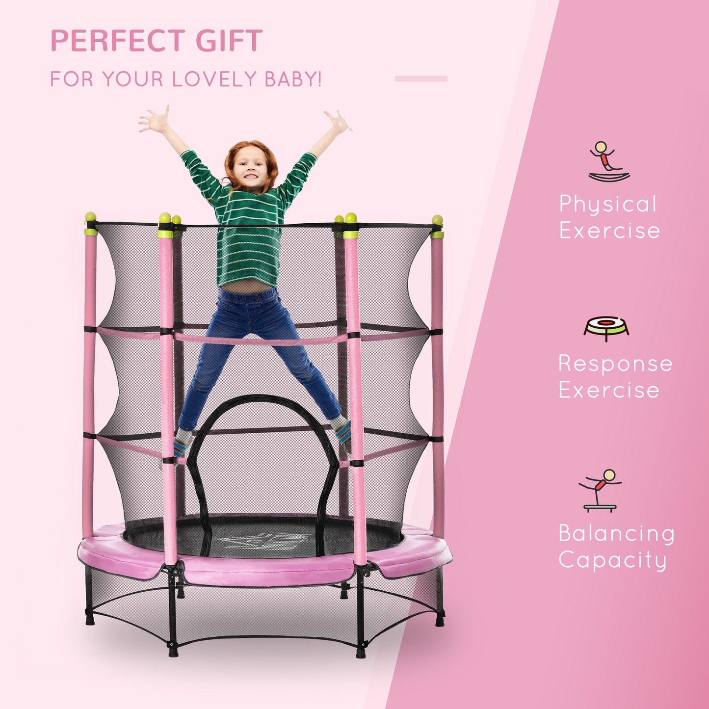 HOMCOM 5.2FT Kids Trampoline with Safety Enclosure, Indoor Outdoor Toddler Trampoline for Ages 3-10 Years, Pink