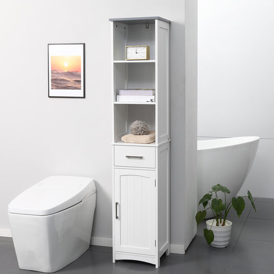 kleankin Tall Bathroom Storage Cabinet with 3 Tier Shelf, Cupboard, Drawer, Door, Freestanding Linen Tower, Slim Side Organizer, White Cabinet,