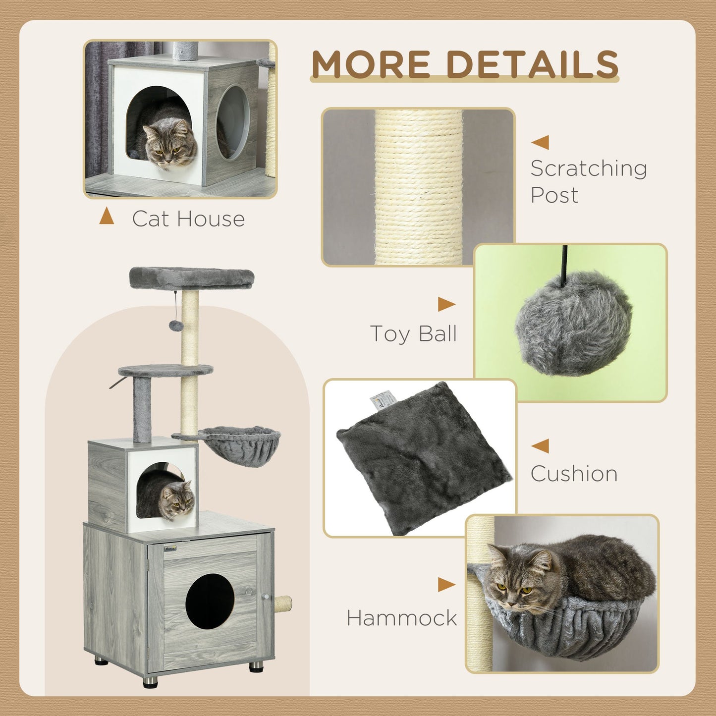 PawHut Enclosed Cat Litter Box with Cat House Cat Bed Scratching Posts Platforms for Indoor Cats Grey