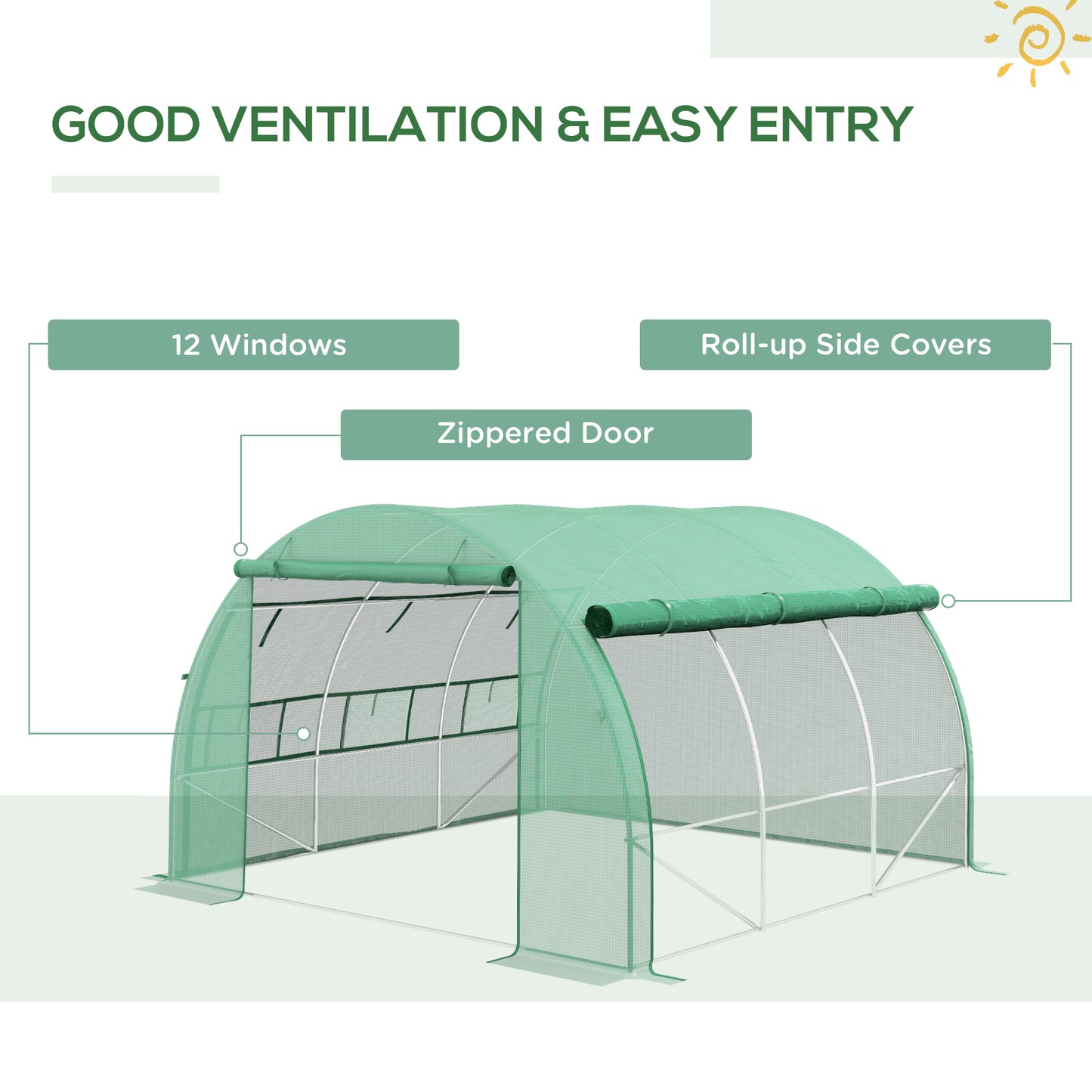 Outsunny Polytunnel Greenhouse Walkin Grow House Tent with Rollup Sidewalls Zipped Door and 6 Windows 3x3x2m Green