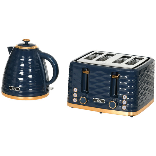 HOMCOM 3000W 1.7L Rapid Boil Kettle & 4 Slice Toaster Kettle and Toaster Set with 7 Browning Controls and Crumb Tray Blue