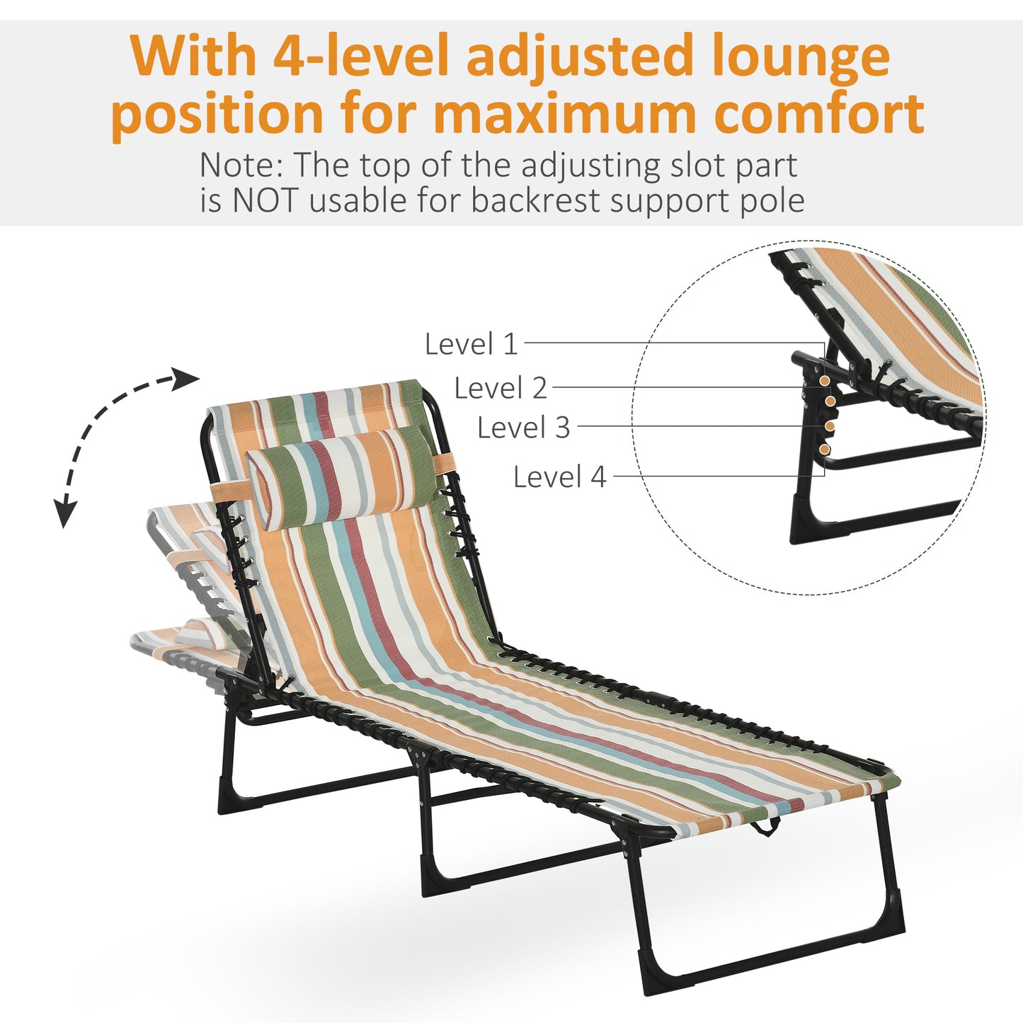 Outsunny Folding Sun Lounger Beach Chaise Chair Garden Reclining Cot Camping Hiking Recliner with 4 Position Adjustable, Multicolored