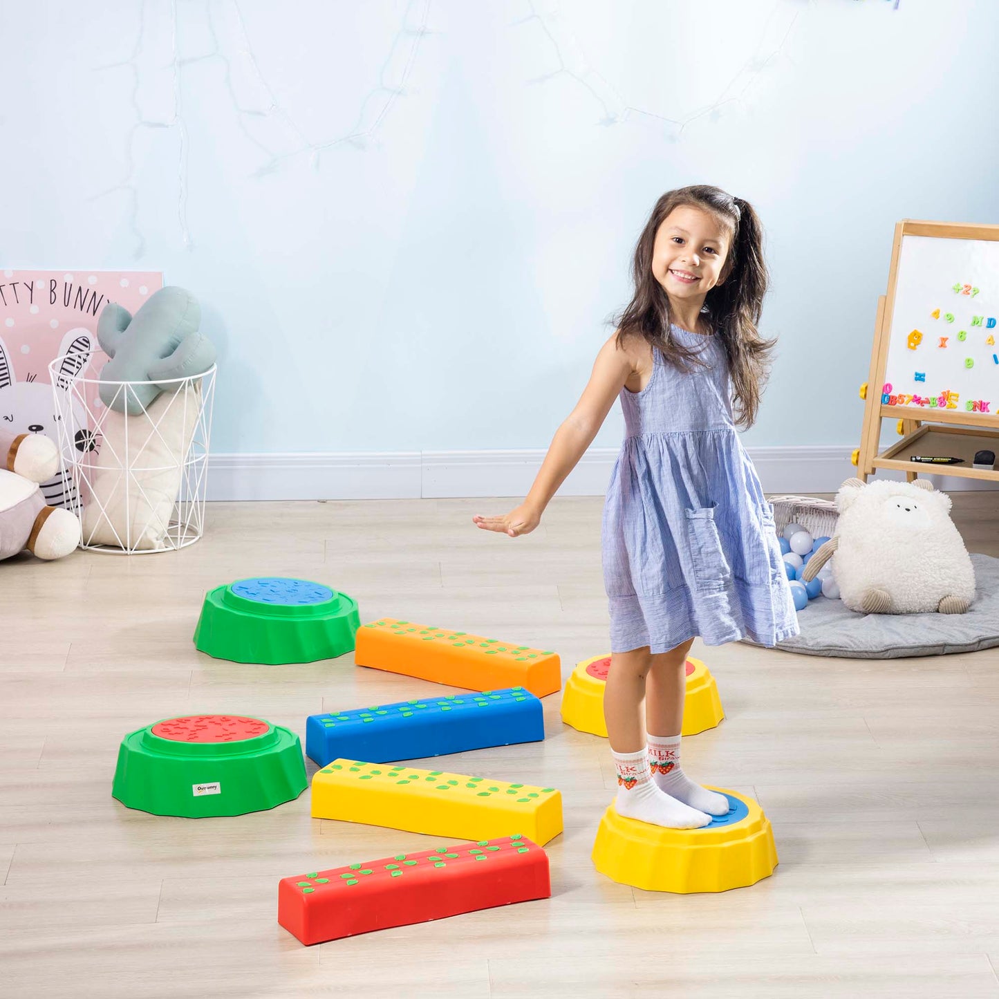 Outsunny 8pcs Kids Balance Beam, Balance Bridge with Non-slip Surface & Bottom Multi-colored