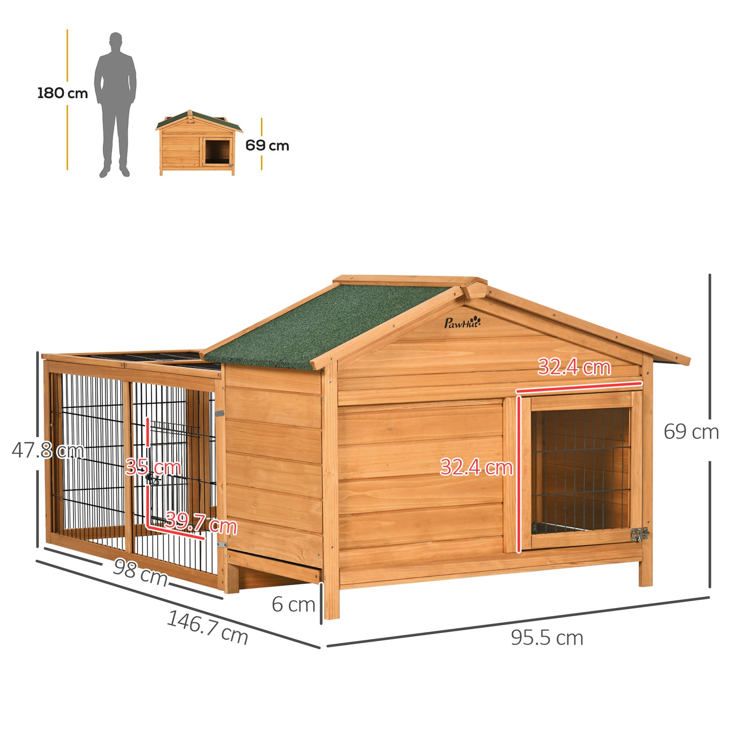 PawHut Wooden Rabbit Hutch Outdoor, Guinea Pig Hutch, Detachable Rabbit Cage with Openable Run & Roof Lockable Door Slide-out Tray Golden Red 146.7 x 95.5 x 69 cm