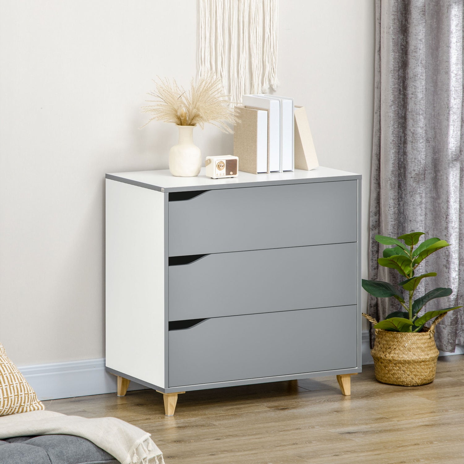 Grey and pine store chest of drawers