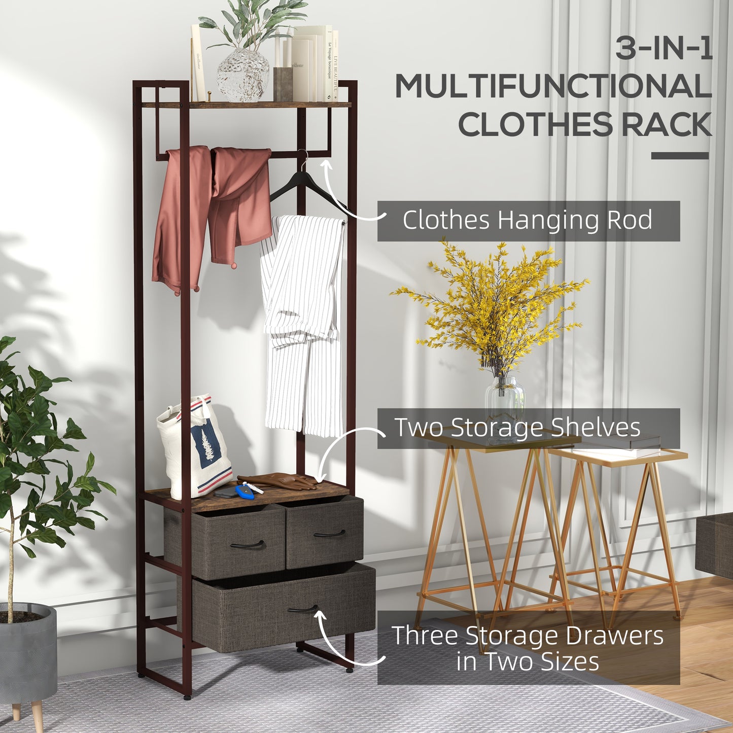 HOMCOM Free Standing Clothes Rail with 3 Fabric Drawers and Storage Shelves, Garment Rack, Hanging Rail for Hallway, Bedroom and Living Room, Rustic Brown