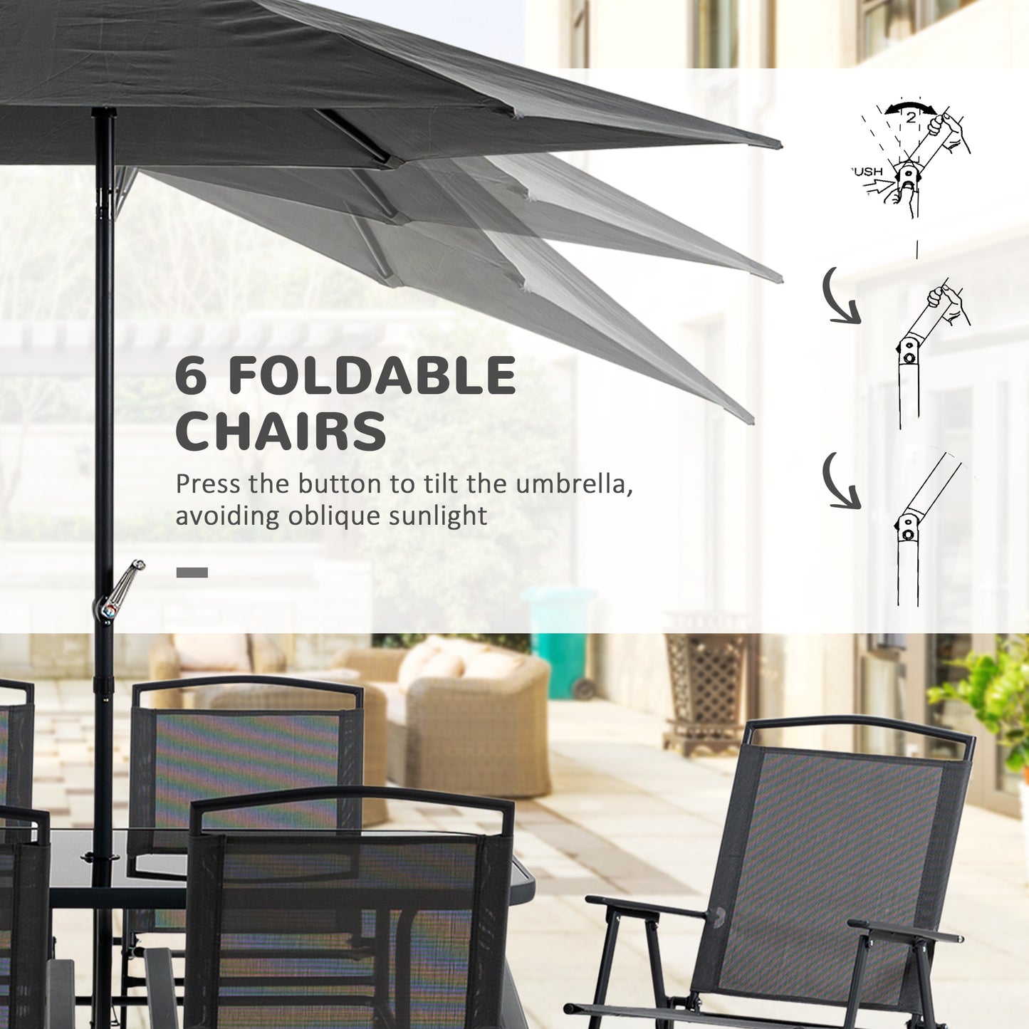 Outsunny 8 Pieces Metal Garden Furniture Set with Parasol and Folding Chairs, Patio Dining Set, 6 Seater Outdoor Table and Chairs with Tempered Glass Top, Black