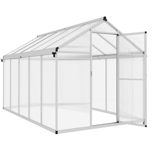 Outsunny 6 x 10ft Polycarbonate Greenhouse with Rain Gutters, Large Walk-In Green House with Door and Window, Garden Plants Grow House with Aluminium Frame and Foundation