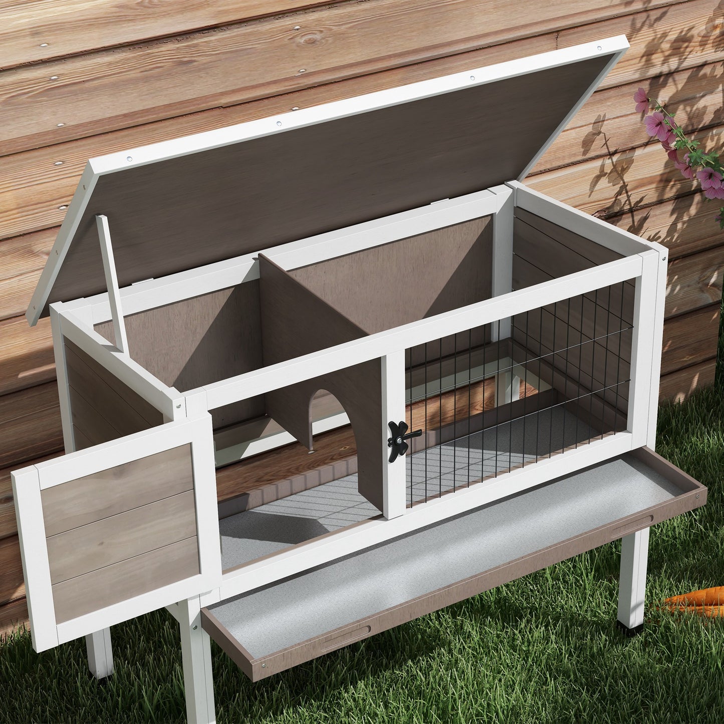 Pawhut Wooden Rabbit Hutch Guinea Pig Hutch Bunny House with Built in Tray Openable Asphalt Roof 84 x 43 x 70cm Brown