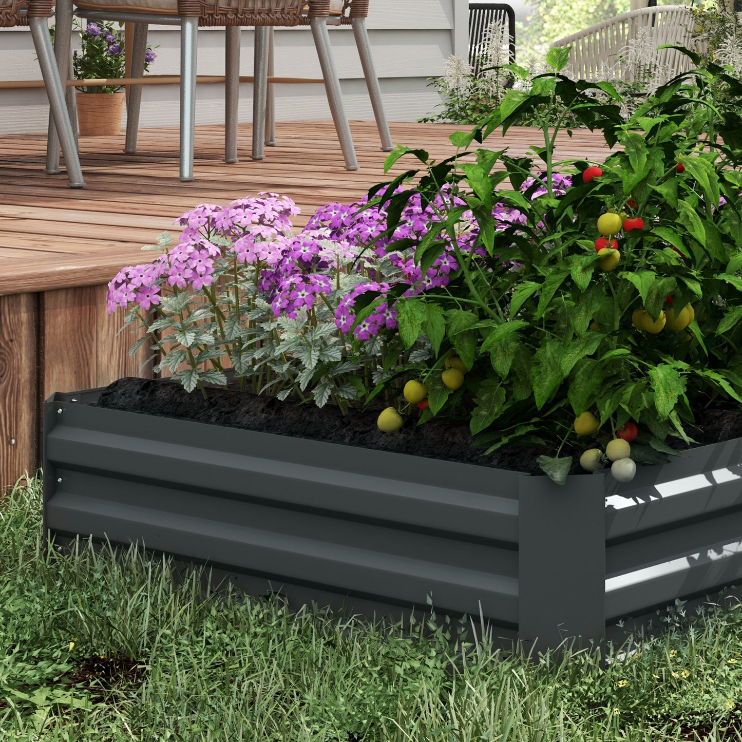 Outsunny Set of 2 291L Raised Garden Bed Elevated Galvanised Planter Box for Flowers Herbs 100x100x30cm Dark Grey