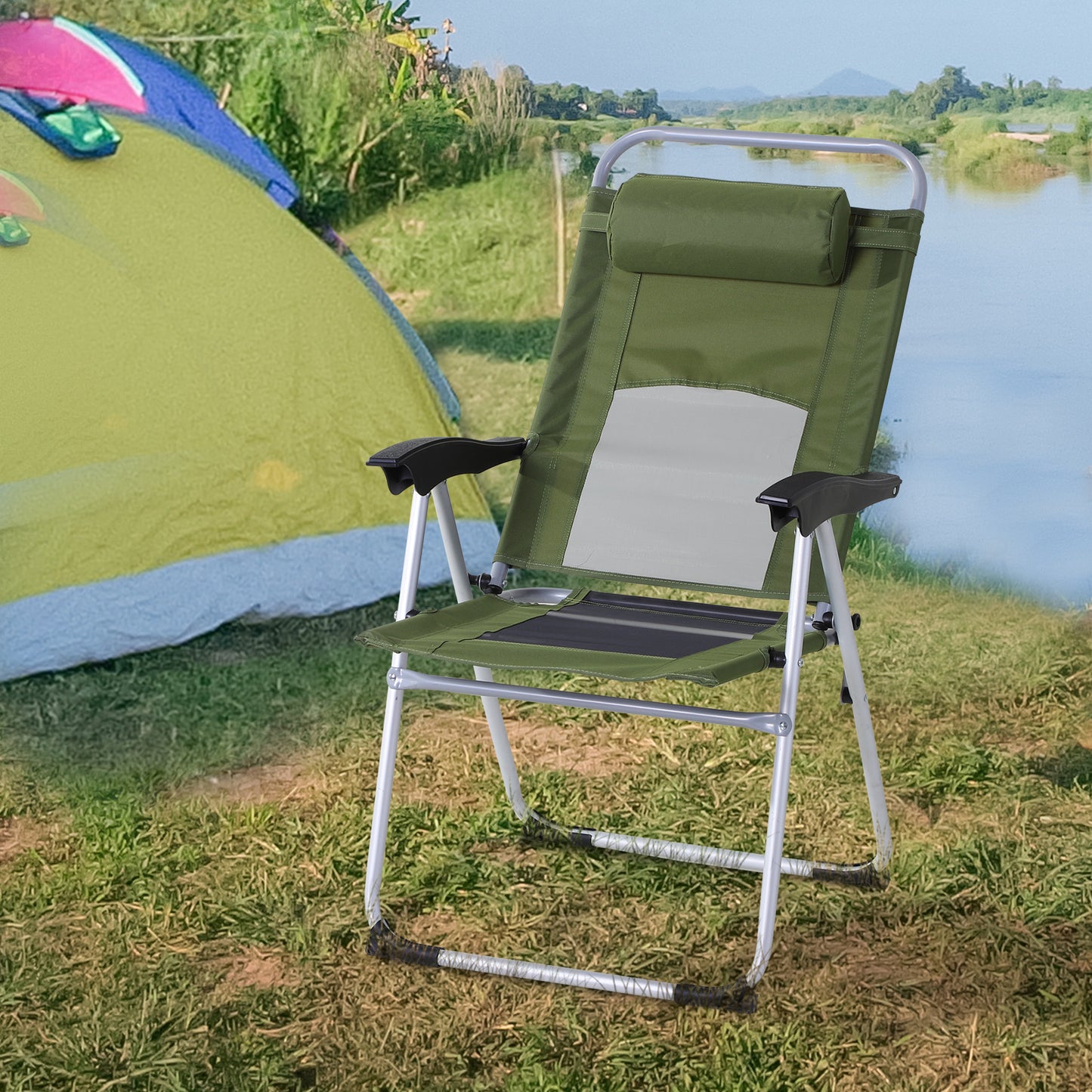 Outsunny Metal Frame 3-Position Adjustable Outdoor Garden Chair w/ Headrest Green