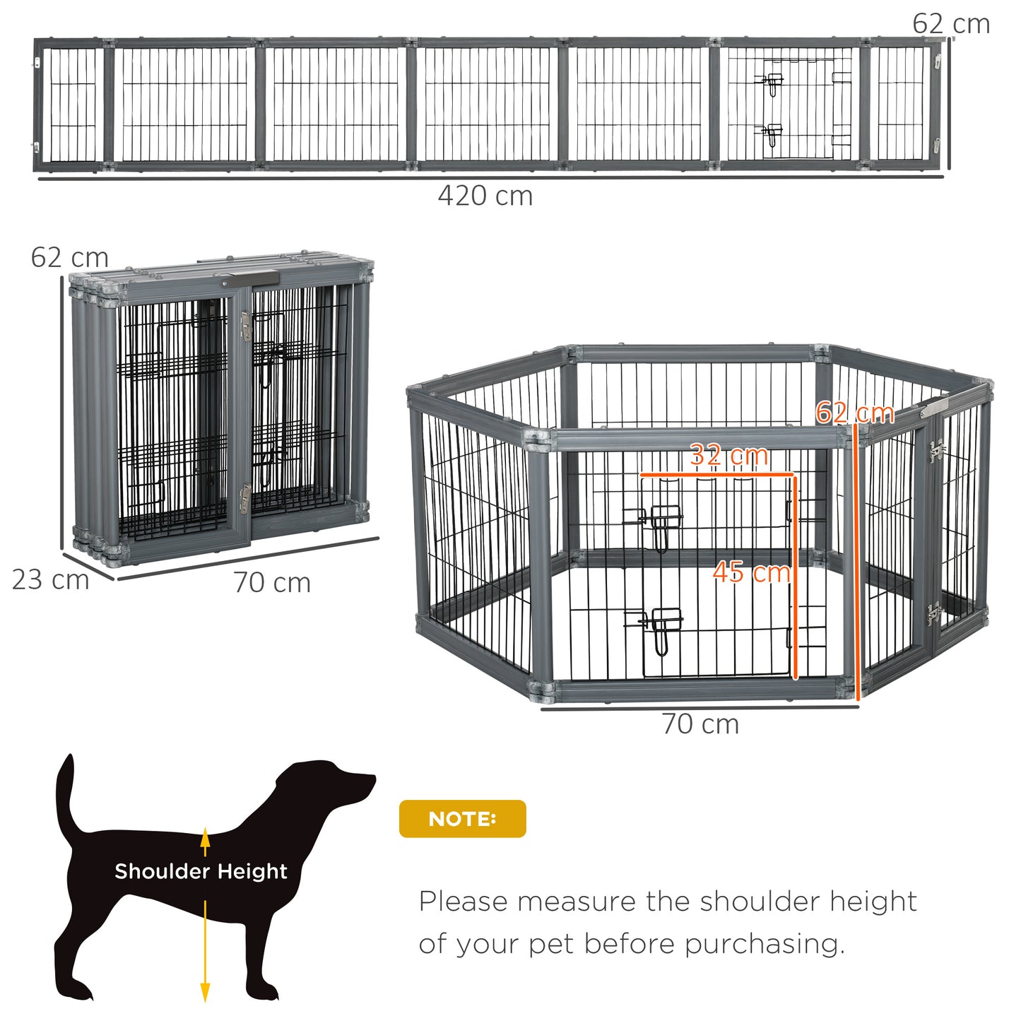 PawHut Heavy Duty Pet Playpen, 6 Panels Puppy Play Whelping Pen, Foldable Steel Dog Exercise Fence, with Door, Double Locking Latches, for Indoor Outdoor Use 70 x 62 cm