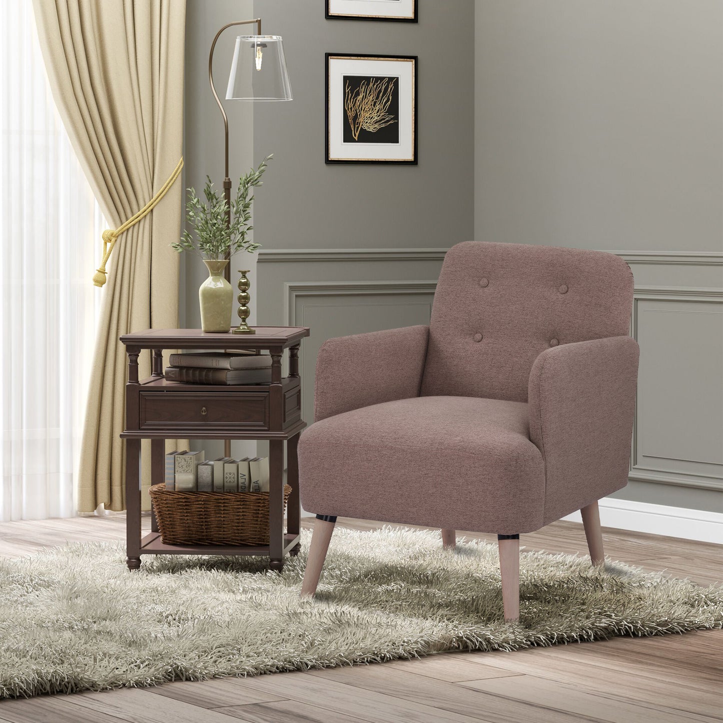 HOMCOM Upholstered Armchair, Nature Wood Frame Living Room Chairs with Birch Wood Legs & Thick Padding Seat and Button Mid-Back, Light Brown
