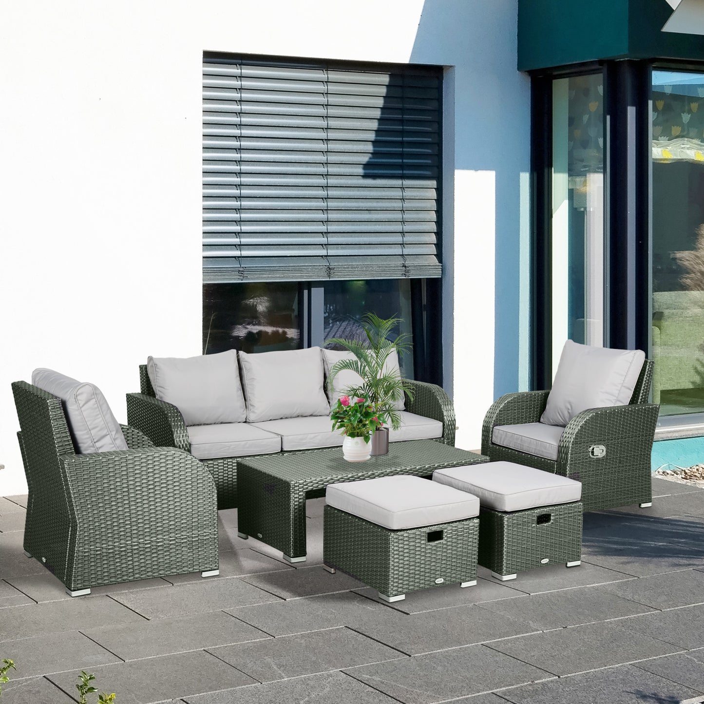 Outsunny 7-Seater Outdoor Garden Rattan Furniture Set w/ Recliners Grey