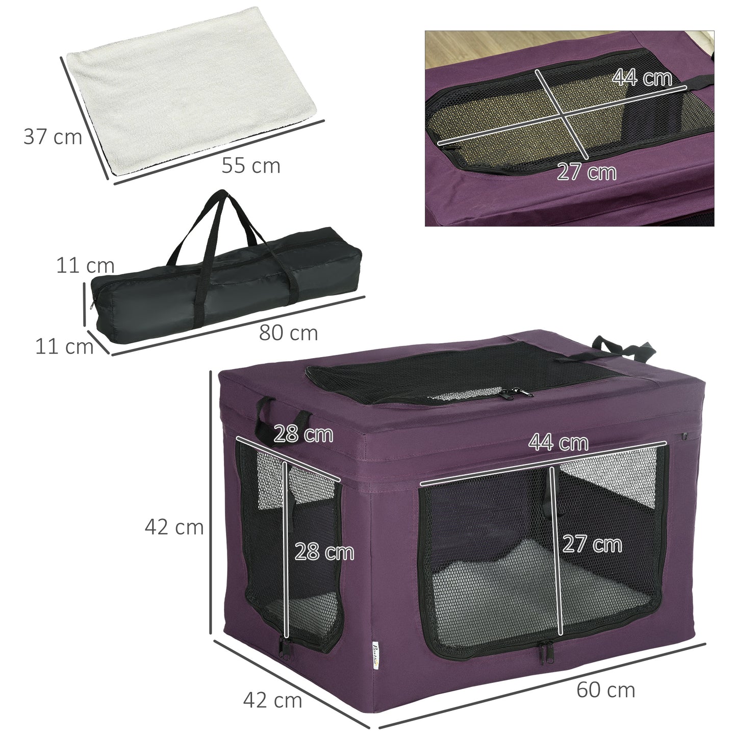 PawHut Pet Carrier, Portable Cat Carrier, Foldable Dog Bag for Miniature Dogs, 60 x 42 x 42 cm, Purple