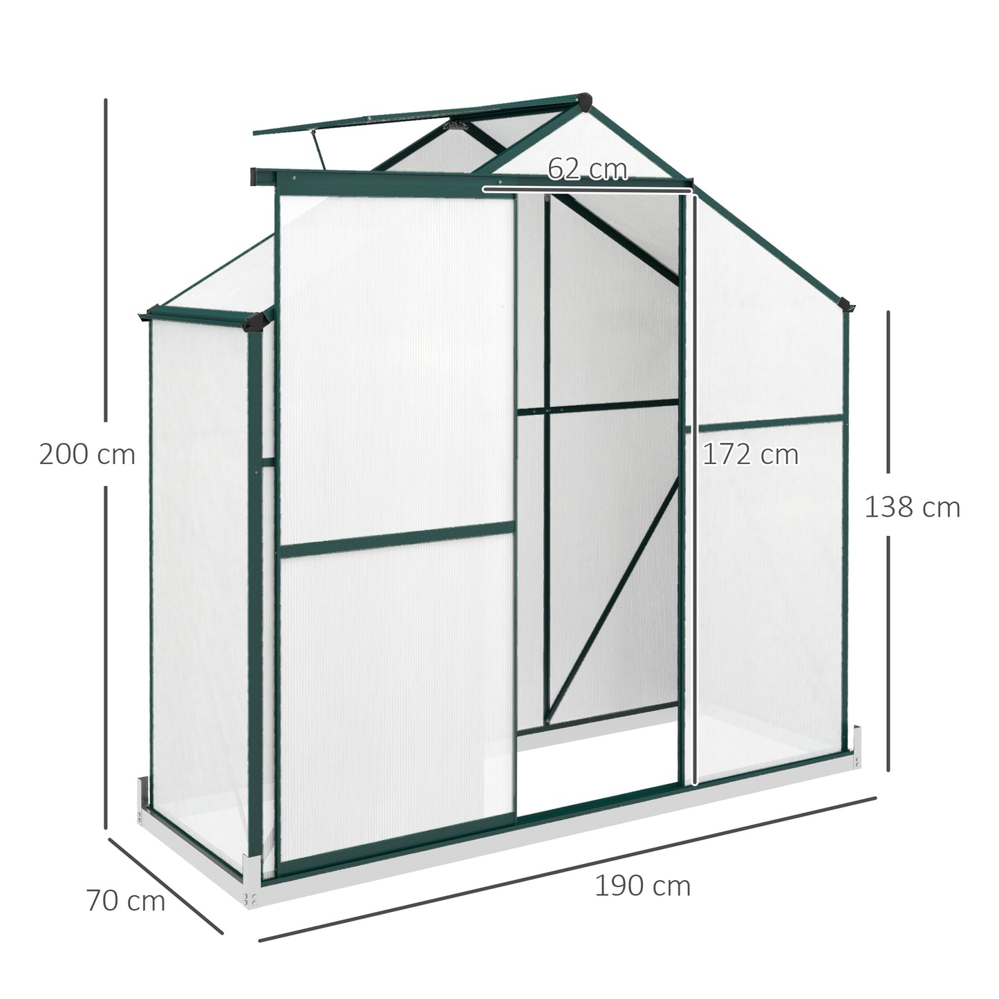 Outsunny 6 x 2.5ft Polycarbonate Greenhouse WalkIn Green House with Rain Gutter Sliding Door Window Foundation Green