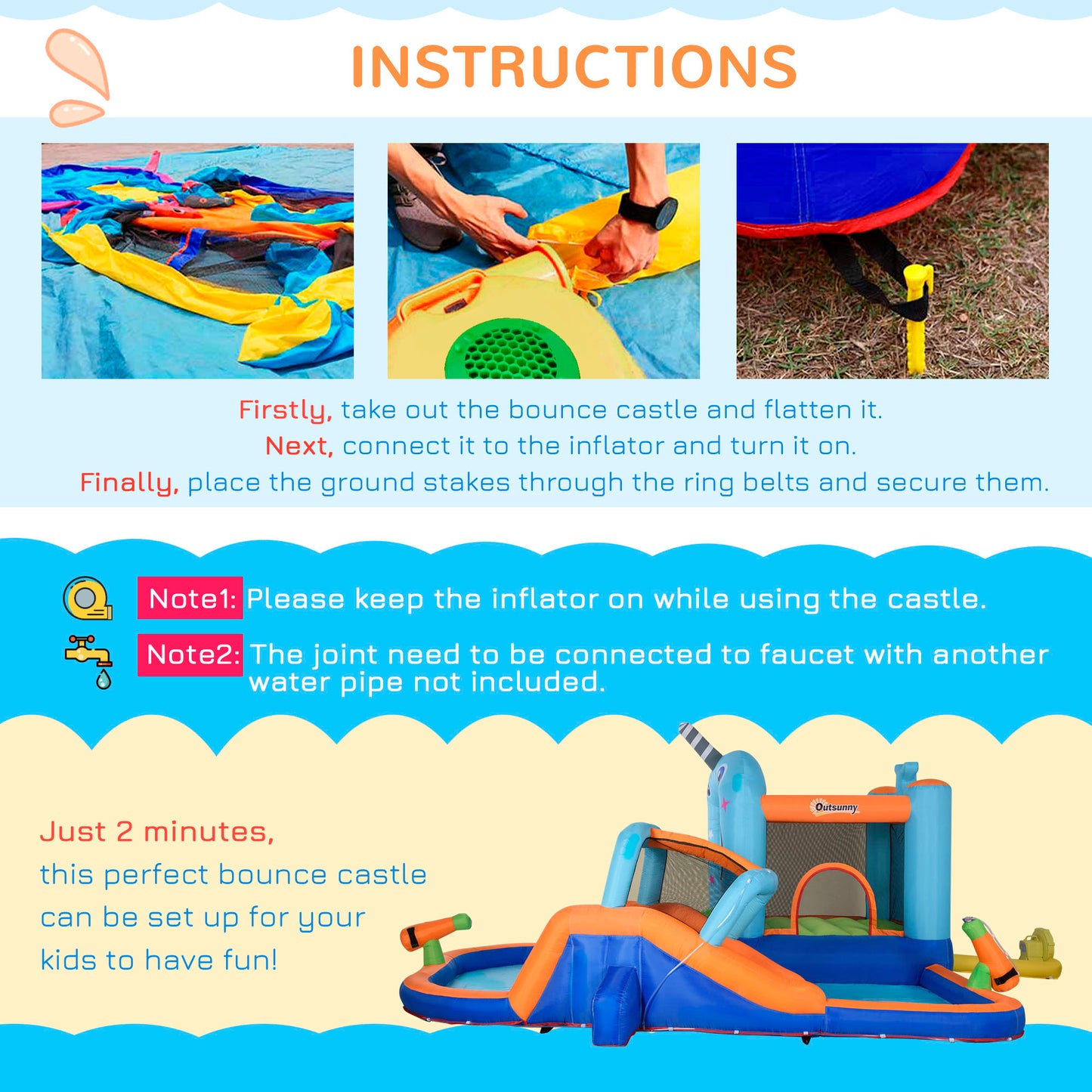 Outsunny 5 in 1 Kids Bounce Castle Narwhals Style Inflatable House with Slide Trampoline Pool Water Gun Climbing Wall with Inflator Carrybag, 4.2 x 3.7 x 2.3m