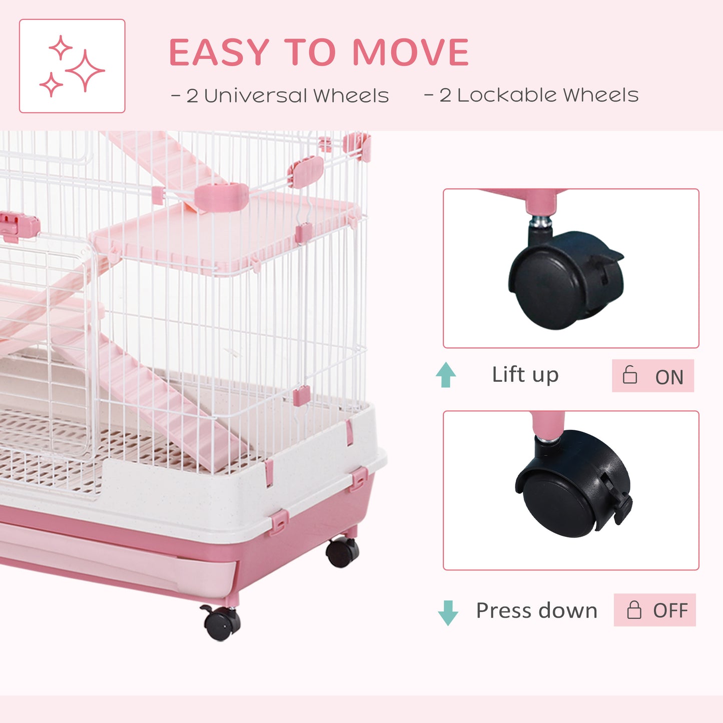 PawHut Four-Tier Small Animal Cage, for Bunnies, Ferrets, Chinchillas w/ Wheels, Tray, Pink