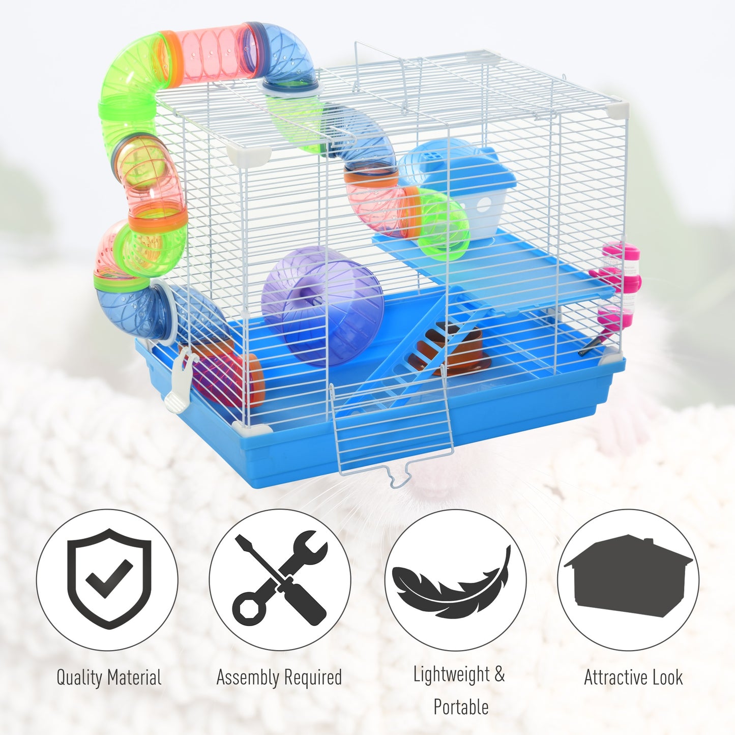 Pawhut 2 Tier Hamster Cage Carrier Habitat Small Animal House with Exercise Wheels Tunnel Tube Water Bottle Dishes House Ladder for Dwarf Mice, Blue w/