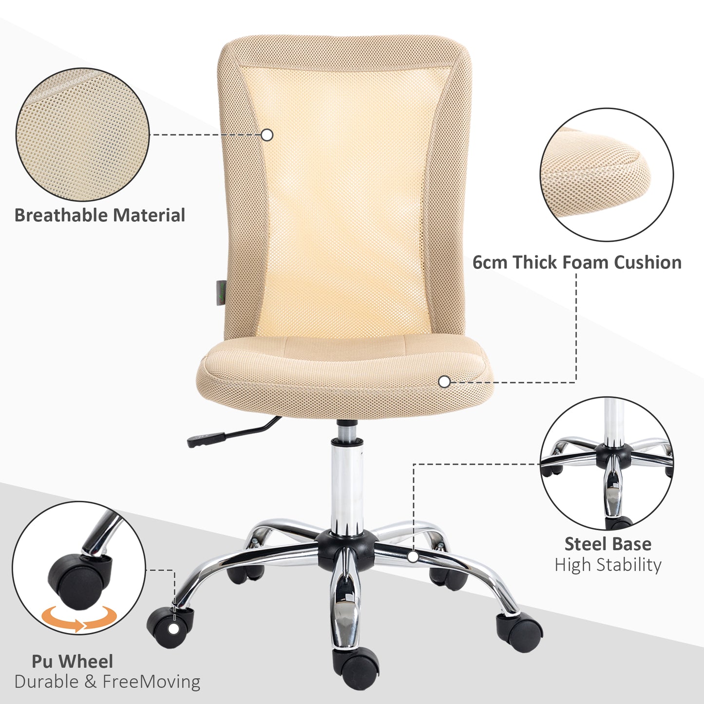 Vinsetto Computer Desk Chair Mesh Office Chair with Adjustable Height and Swivel Wheels Armless Study Chair Beige