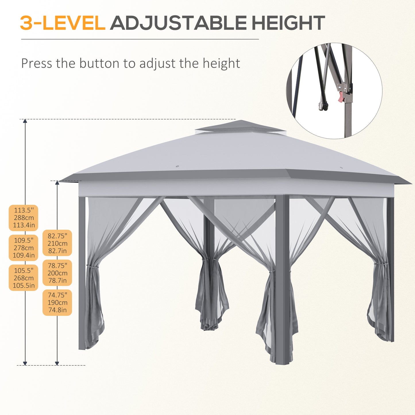 Outsunny 3.3m x 3.3m Pop-Up Gazebo, with Adjustable Frame - Grey