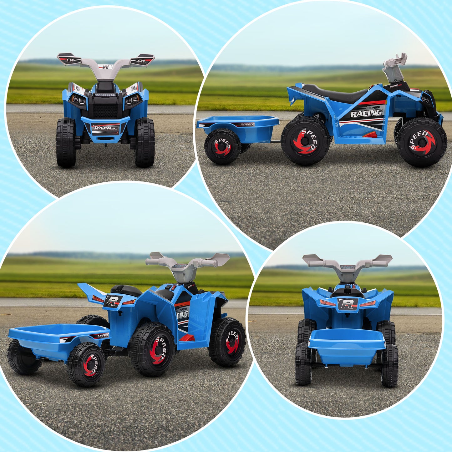 HOMCOM 6V Quad Bike with Back Trailer, Wear-Resistant Wheels, for Ages 18-36 Months, Blue