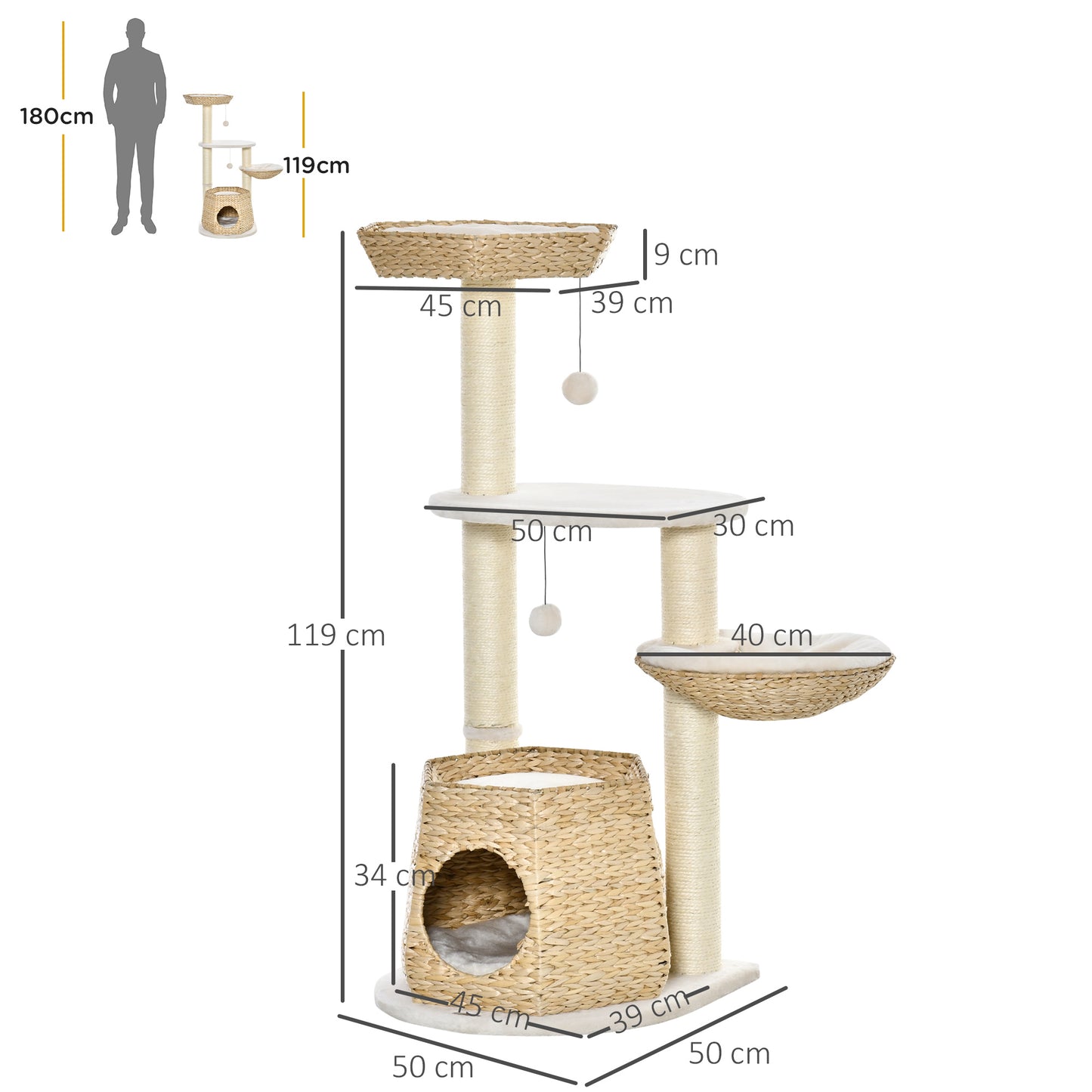 PawHut Cat Tree Tower Climbing Activity Center Kitten Furniture w/ Cattail Fluff Bed Condo Sisal Scratching Post Hanging Ball 50 x 50 x 119cm Natural