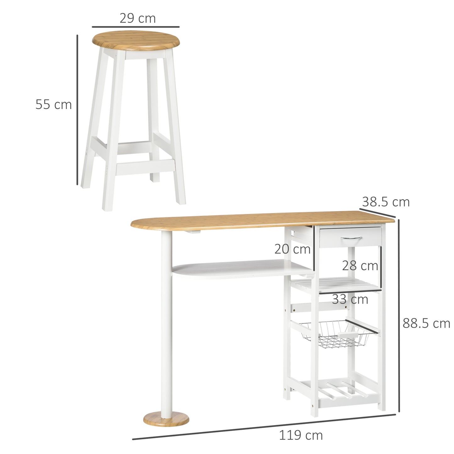 HOMCOM 3 Piece Bar Table Set, Breakfast Bar table and Stools with Storage Shelf, Drawer, Wire Basket and Wine Rack for Kitchen, Home Bar, Natural and White
