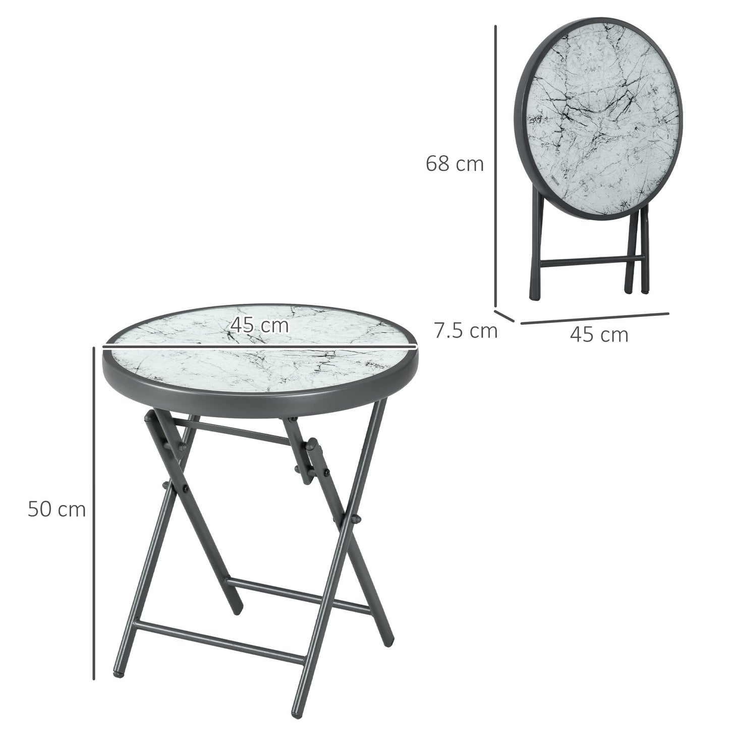 Outsunny Φ45cm Outdoor Side Table Round Folding Patio Table with Imitation Marble Glass Top Small Coffee Table White