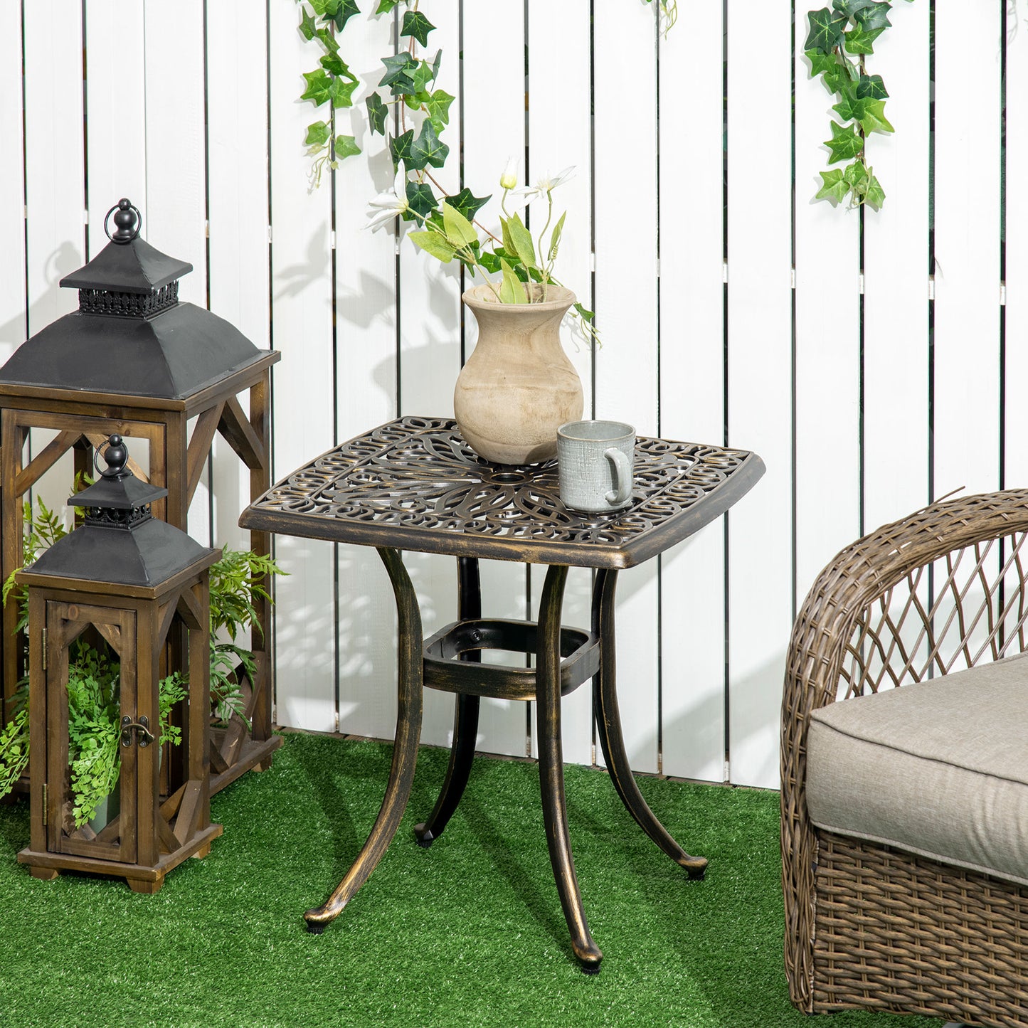 Outsunny Outdoor Patio Side Table with 38mm Dia. Umbrella Hole Cast Aluminium Patio coffee Table 54 x 54cm Bronze