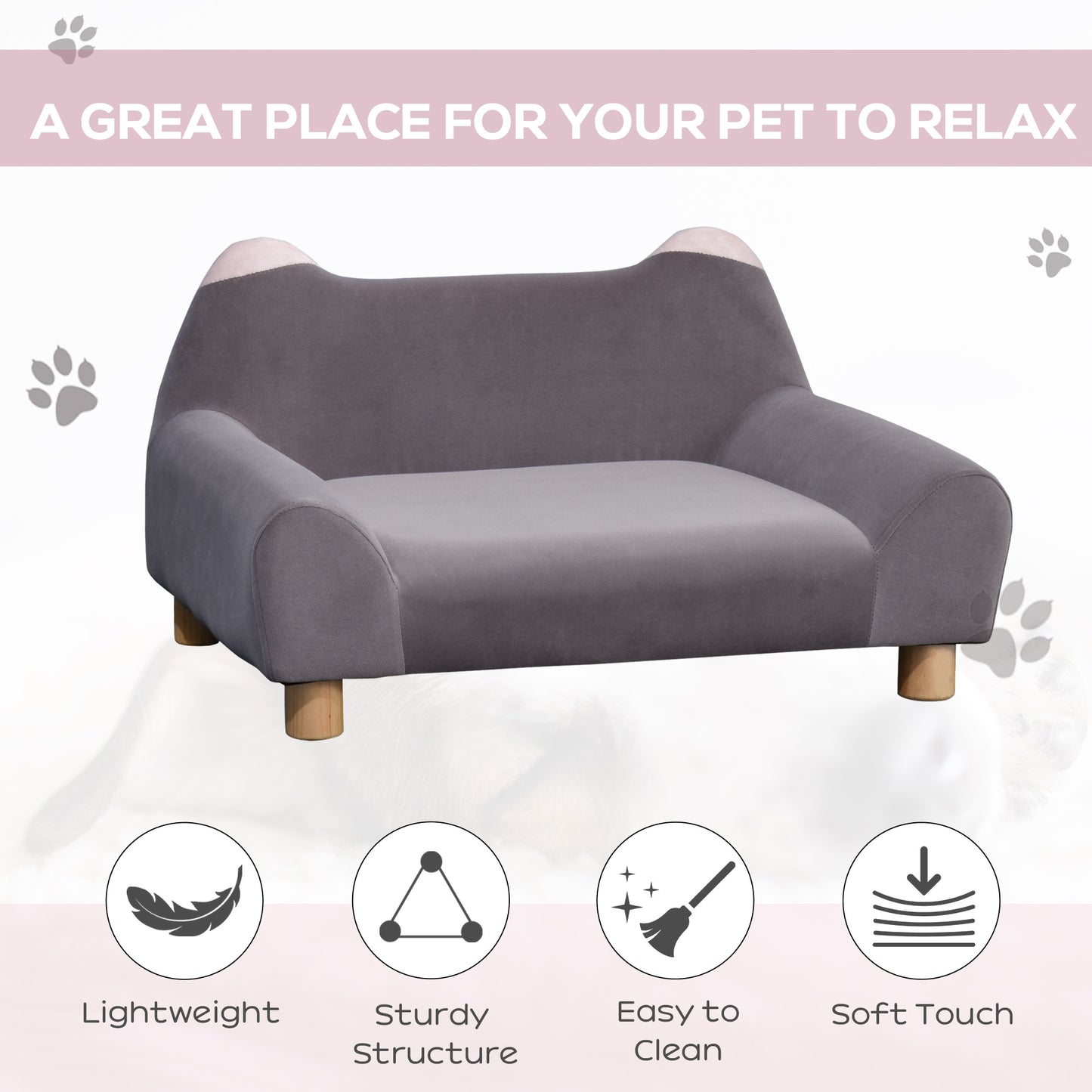 PawHut Pet Sofa Couch, Velvet-Touch Dog Bed, Cat Lounger w/ Four Wooden Legs 63x43x36 cm - Grey