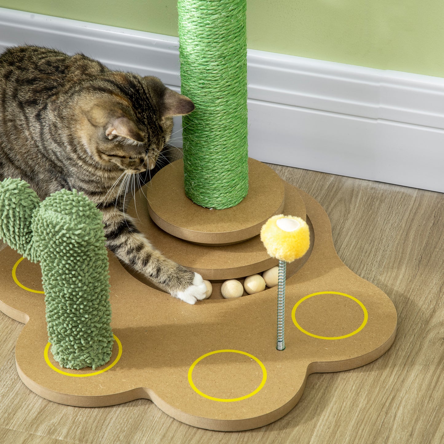 PawHut 60cm Cactus-shaped Cat Tree, Kitty Activity Center with Turntable Interactive Ball Toys, Chenille Cat Tower, Green