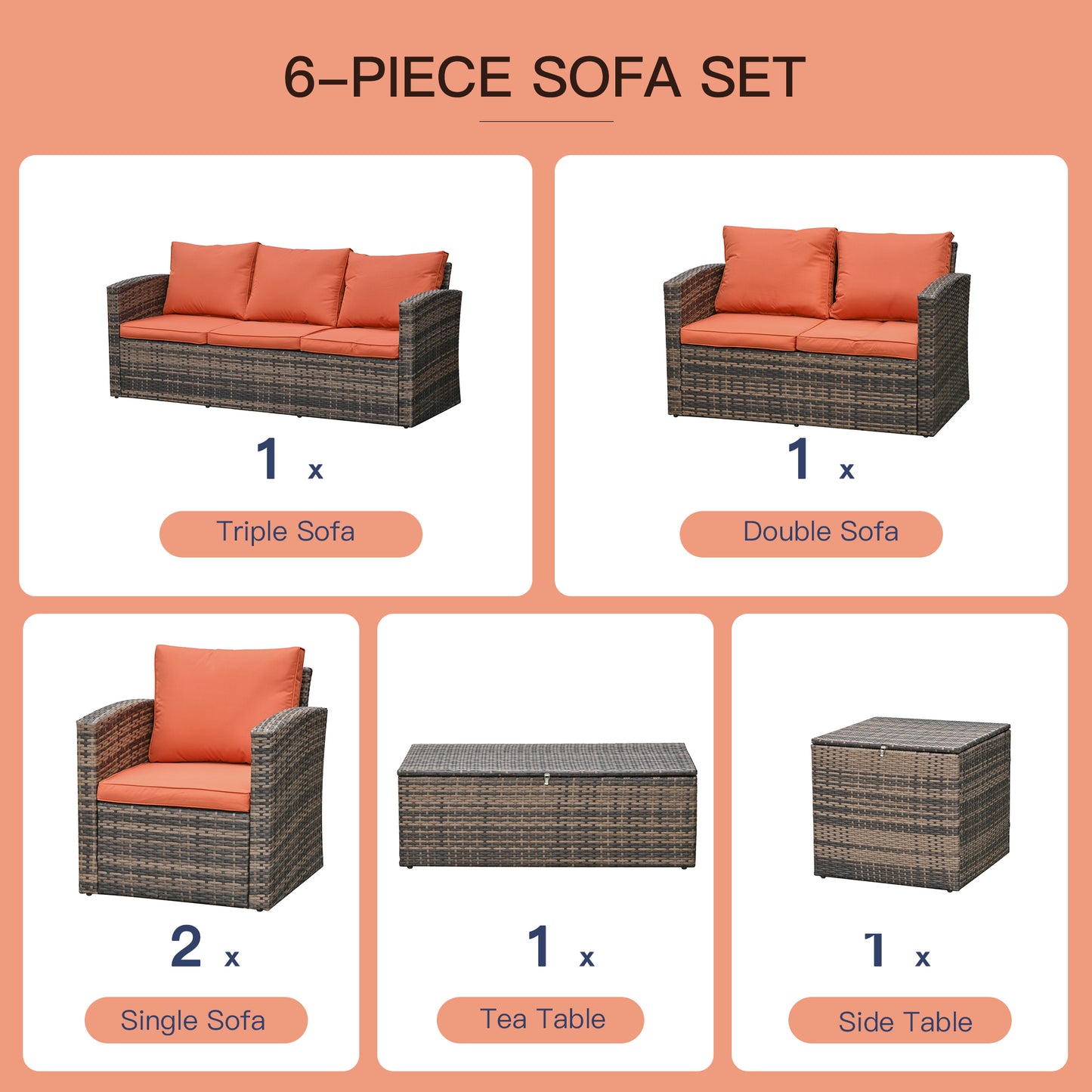 Outsunny 6 PCS Patio Rattan Wicker Sofa Set Conversation Furniture w/ Storage & Cushion