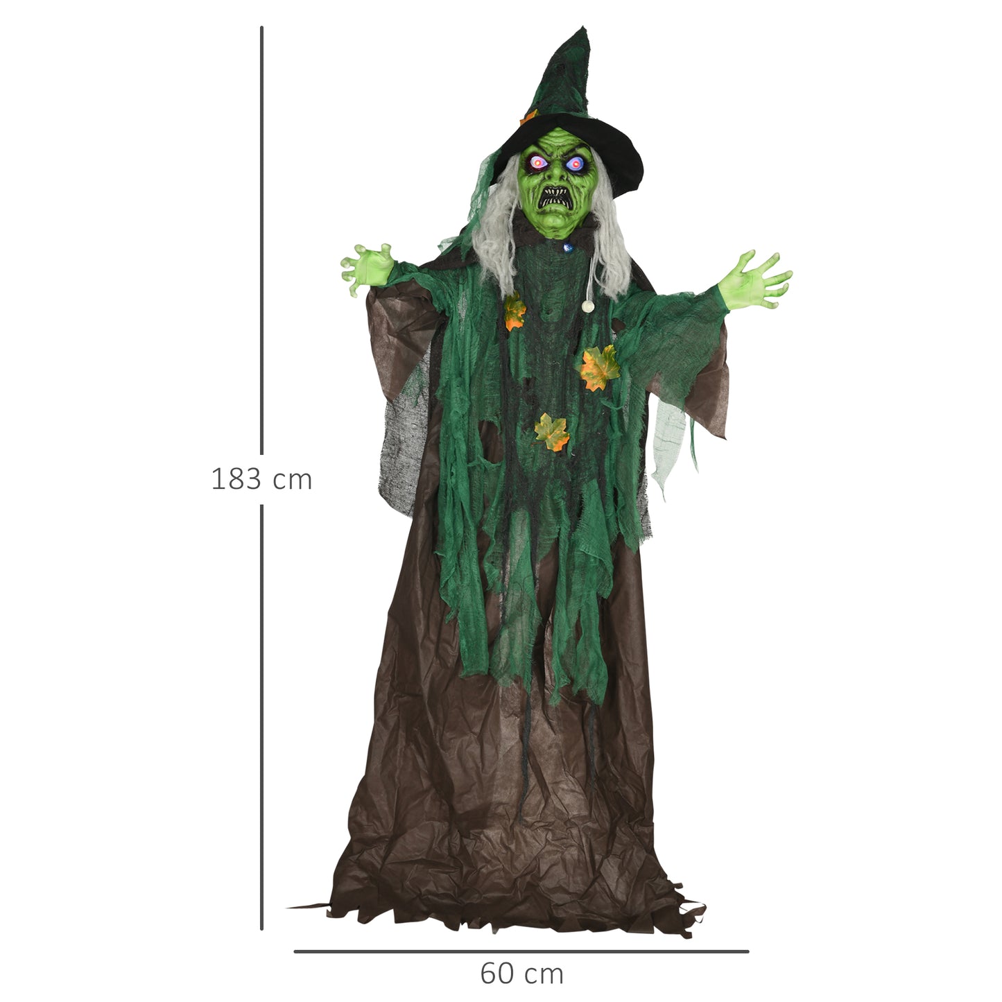 HOMCOM 6ft Halloween Witch Decoration, Outdoor Activated Prop with Light Up Eyes Magical Heart, Sound Activated