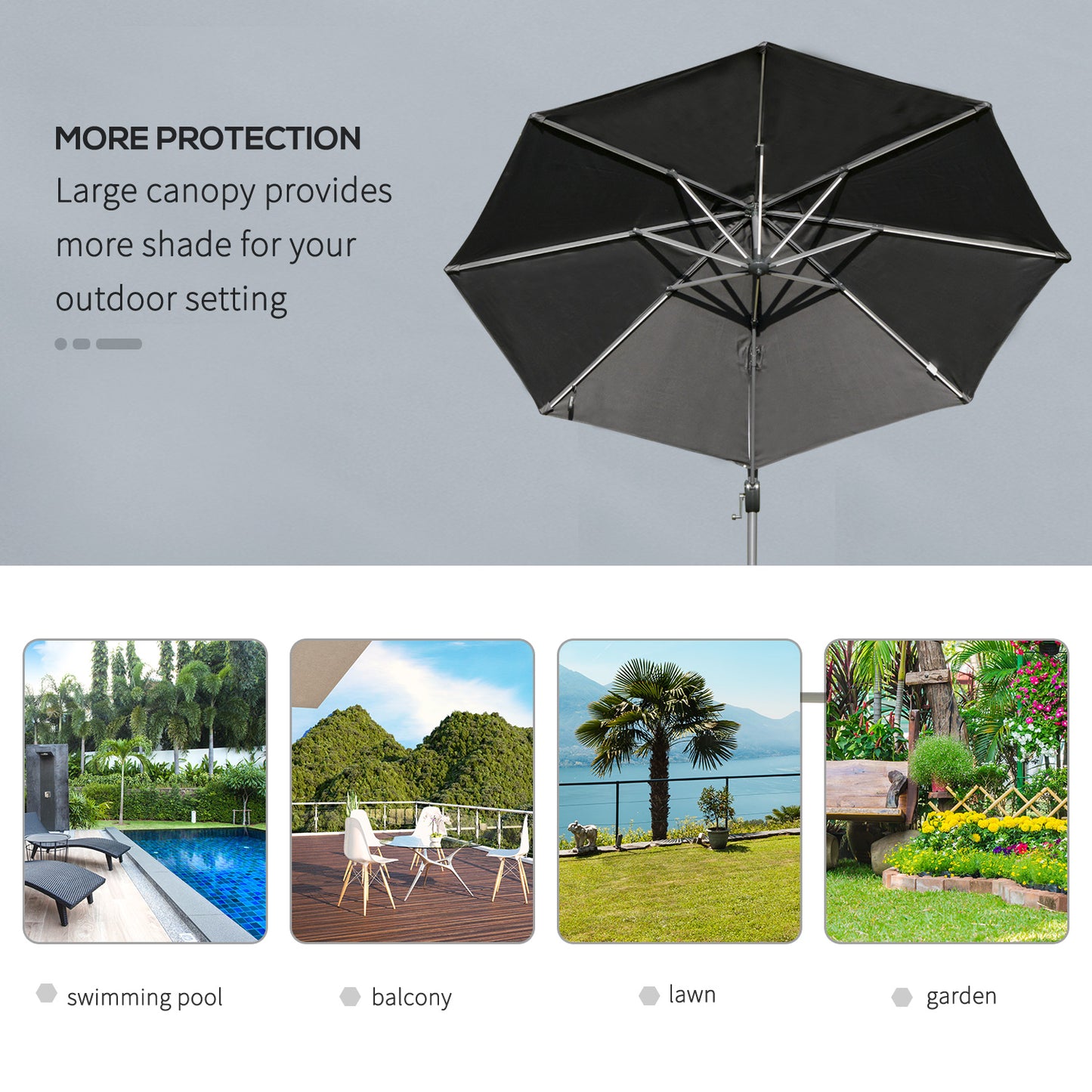 Outsunny 3m LED Cantilever Parasol Adjustable Garden Umbrella w/ Base Handle Solar Lights Rotating Outdoor Pool Lawn Night Summer Furniture Dark Grey