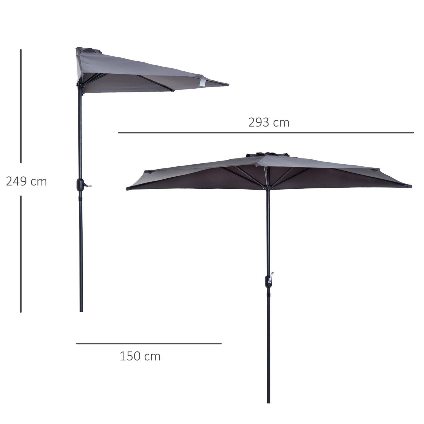 Outsunny 3 m Half Round Umbrella Parasol-Grey