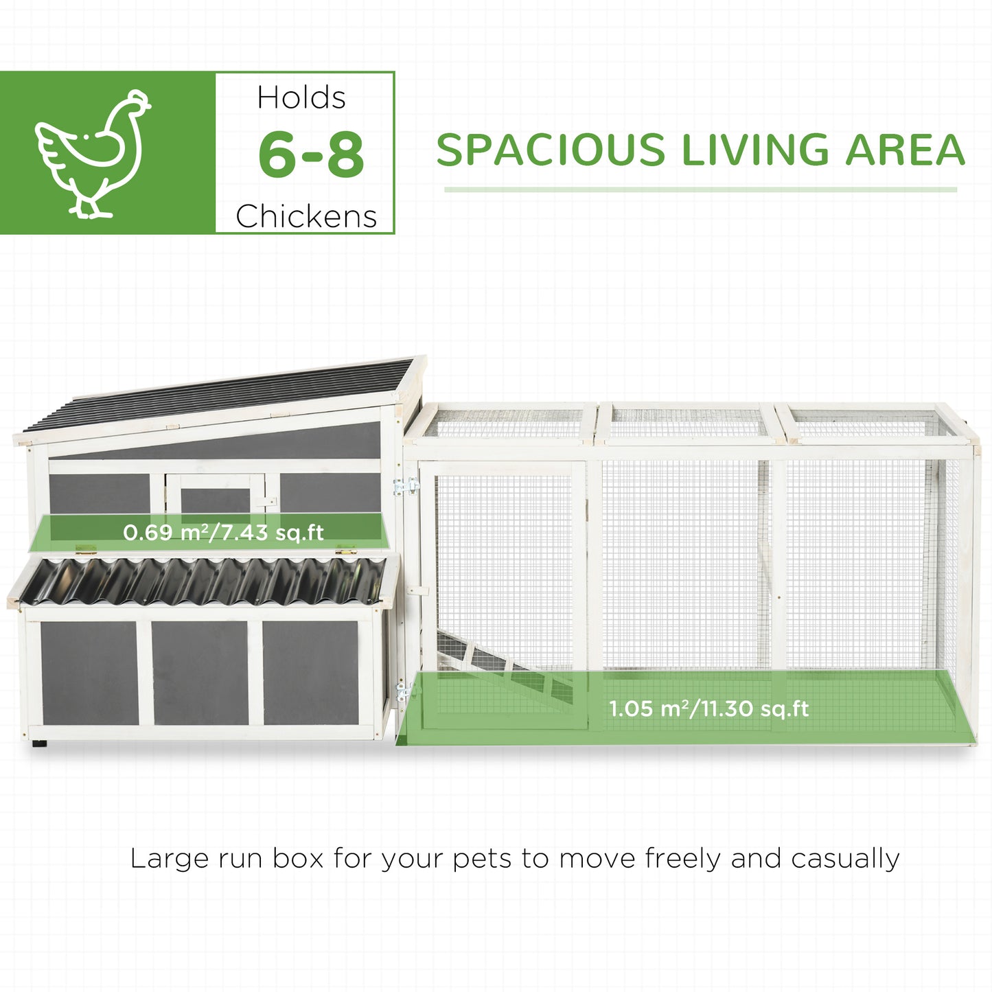 PawHut Large Chicken Coop with Run Hen House Poultry Crate with Nesting Box for 6 Chickens Slide Out Tray Perches, 225x147x 85.5cm